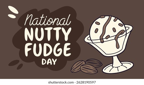 Uma imagem em estilo cartoon celebrando o Dia Nacional da Fuga de Nozes, com texto, um sundae com nozes e molho de chocolate, e amêndoas espalhadas.
