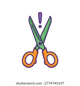 a cartoon-style image of a pair of scissors with green blades and orange handles. the scissors are outlined in purple and have a purple exclamation point above them. the background is white.