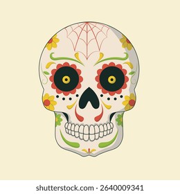 Cartoon-style image of a sugar skull, decorated with flowers and patterns in a vibrant color scheme. The skull is smiling.