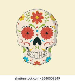 Cartoon-style image of a sugar skull, decorated with flowers and patterns in a vibrant color scheme. The skull is smiling.