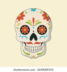 Cartoon-style image of a sugar skull, decorated with flowers and patterns in a vibrant color scheme. The skull is smiling.