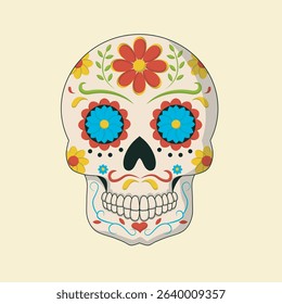 Cartoon-style image of a sugar skull, decorated with flowers and patterns in a vibrant color scheme. The skull is smiling.