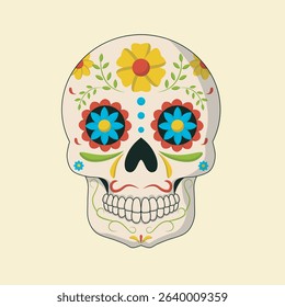 Cartoon-style image of a sugar skull, decorated with flowers and patterns in a vibrant color scheme. The skull is smiling.
