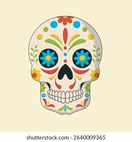 Cartoon-style image of a sugar skull, decorated with flowers and patterns in a vibrant color scheme. The skull is smiling.