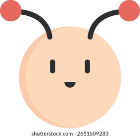 Cabeça de inseto estilo desenho animado com um rosto em tons de pêssego, pequenos olhos negros, sorriso suave e duas antenas pretas curvas com pontas vermelhas; estilizado para se assemelhar a uma formiga ou personagem de inseto, evocando simpatia.