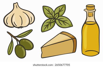 Cartoon-style Italian cooking ingredients set including garlic, basil leaves, olives, a piece of cheese, and a bottle of olive oil. Hand-drawn outline style with natural colors