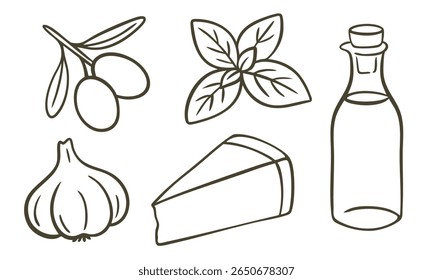 Cartoon-style Italian cooking ingredients set including garlic, basil leaves, olives, a piece of cheese, and a bottle of olive oil. Hand-drawn outline. Engraving