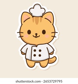 Gato kawaii estilo desenhos animados em um chapéu e avental de chef branco. Charmoso personagem com tema de culinária para amantes de alimentos, designs de receitas, impressões de cozinha fofo e coleções de adesivos divertidas.
