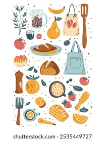 Cartoon-style kitchen set with food items such as bread, fruit, and vegetables, along with utensils and aprons, in soft pastel tones, vector illustration perfect for culinary projects