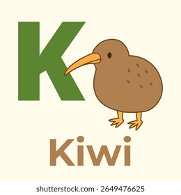 Cartoon-style kiwi bird with the letter K in an educational alphabet design. Perfect for preschool learning, wildlife books, or animal-themed teaching materials.