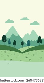 A cartoon-style landscape featuring green mountains, trees, clouds, and grassy fields in a simple, flat design.
