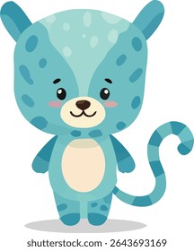 A cartoon-style, light blue animal with darker blue spots, a striped tail, and rosy cheeks, standing upright.