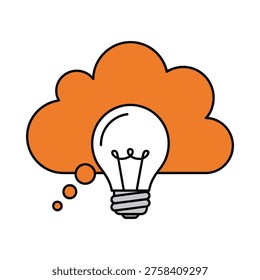 a cartoon-style lightbulb with a thought bubble represented by an orange cloud behind it, on a white background