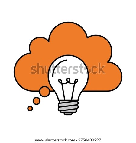 a cartoon-style lightbulb with a thought bubble represented by an orange cloud behind it, on a white background
