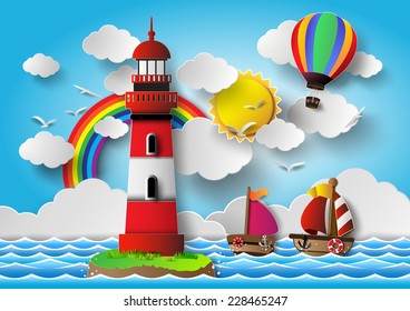 Cartoon-style lighthouse, boats, and balloons under sunny blue sky in paper cut style.