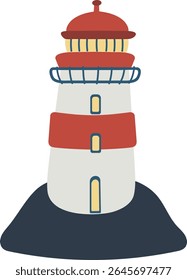 Cartoon-style lighthouse standing on a cliff by the sea. Red and white tower with nautical charm, perfect for marine-themed illustrations, travel designs, or coastal scenery posters