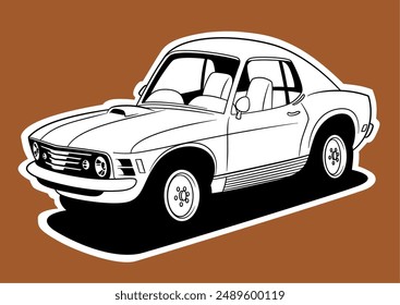 Cartoon-style line art of a black and white muscle car against a bold red background. Clean, energetic, perfect for posters and prints