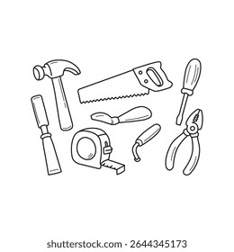 Cartoon-style line art of traditional hand tools including hammer, saw, chisel, tape measure, screwdriver, and pliers. Ideal for DIY, workshop, or construction-themed designs.
