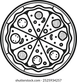 Lineares Symbol im Cartoon-Stil aus einem Pizzaschnitt mit geschmolzenem Käse, Pfefferoni-Scheiben und einer knusprigen Kruste. Ideal für Food-Apps, Restaurantmenüs oder Lieferservices