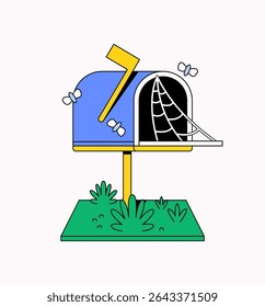 Caixa de correio estilo cartum com teias de aranha e bugs, sugerindo que não é usada ou esquecida. Ideal para conceitos como mensagens desatualizadas, mensagens perdidas ou transição digital.