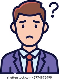 A cartoon-style of a man with a puzzled expression, wearing a purple suit, red tie, and white shirt, with a question mark above his head.