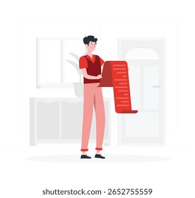 Cartoon-style man reviewing a long red receipt or checklist in a modern indoor setting. Perfect for finance, budgeting, or shopping concepts.