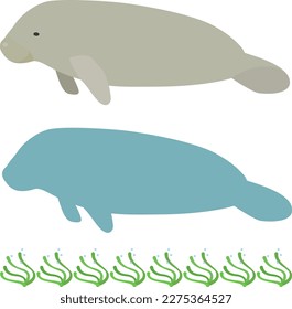 Cartoon-style manatee and manatee silhouette and eelgrass bed border decoration set