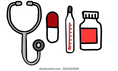 Cartoon-style medical illustration featuring a stethoscope, capsule pill, thermometer, and medicine bottle. Simple, flat design with red accents on a clean white background.