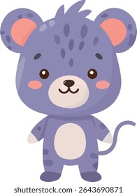 Um rato estilo cartoon com pele de periwinkle, orelhas e bochechas interiores cor-de-rosa, e uma barriga de cor creme fica na posição vertical, virado para a frente.