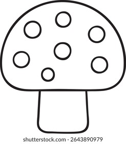 A cartoon-style mushroom with a spotted cap and a thick stem, outlined in black, suitable for coloring or educational purposes.
