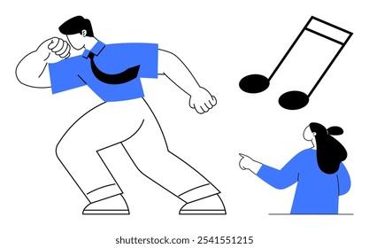 Cartoon-style office worker in a blue shirt celebrating while a colleague points at a large music note. Ideal for workplace motivation, team celebration, corporate culture, employee engagement