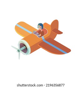 Cartoon-style orange crop duster airplane with propeller and pilot inside, illustrated in isometric view on a neutral gray background. Perfect for game dev, farming, or educational design projects.