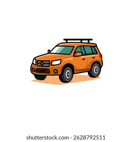 Um carro SUV laranja estilo cartoon em uma visão frontal dinâmica de três quartos. Esta ilustração limpa é ideal para materiais infantis, guias de condução, ícones de veículos, impressões educacionais ou jogos para celular