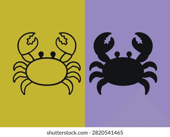 A cartoonstyle outline crab and a solid silhouette crab are displayed on a twotone background