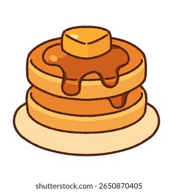 Cartoon-style pancake stack with melting butter and dripping syrup. A sweet and cozy breakfast illustration, great for café or brunch-themed projects.