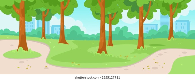 Cartoon-style park with trees and paths. Vector illustration