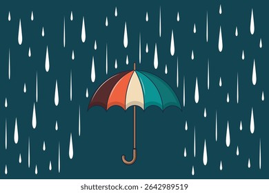 Cartoon-style pastel umbrella under rain, flat vector art ideal for seasonal backgrounds, kids room decor, and baby-themed rainy illustrations

