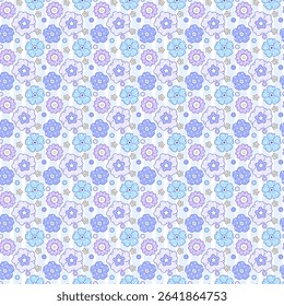 A cartoon-style pattern of purple and light blue flowers with bold outlines, giving a cute and tidy children's illustration vibe.