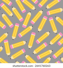 Cartoon-style pencil pattern in vector with playful layout on gray background.
 Great for kids’ products, fabric prints, and classroom decor.