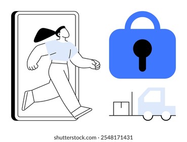 A cartoon-style person exits a smartphone. To their right is a blue padlock and a light blue truck carrying boxes. Ideal for topics in digital security, logistics, online privacy, mobile technology