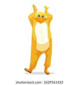 Cartoon-style person in a yellow duck costume raising arms joyfully, standing on a plain white background. Concept of fun and celebration. Vector illustration