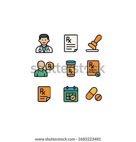 Cartoon-style pharmacy vector icons with bold outlines showing the prescription process - doctor note, pharmacist stamp, medication bag, patient consultation, and refill reminder