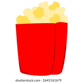 Cartoon-style popcorn in a red box, filled with hand-drawn pop corn kernels. Perfect for snack illustrations, cinema-related designs, or food-themed graphics.