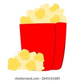 Cartoon-style popcorn in a red box, filled with hand-drawn pop corn kernels. Perfect for snack illustrations, cinema-related designs, or food-themed graphics.