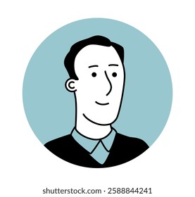 A cartoon-style portrait of a smiling man with short black hair, wearing a collared shirt and sweater. The background is a blue circle. Concept of avatar, profile picture. Vector illustration