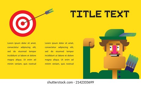 A cartoon-style presentation slide with a yellow background, featuring a stylized Robin Hood character, an archery target with an arrow, a title placeholder, and text boxes.