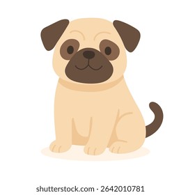 A cartoon-style pug with a light beige coat and dark facial markings sits happily. Its round eyes and small ears add to its charming appearance.