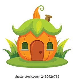 Cartoon-style pumpkin house with green leaves and a chimney.