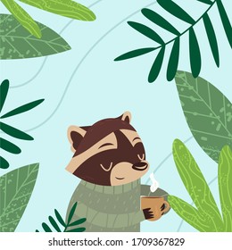 Сute cartoon-style raccoon on a blue background with plants. Flat vector character illustration. Cute forest animals. Botanical print.