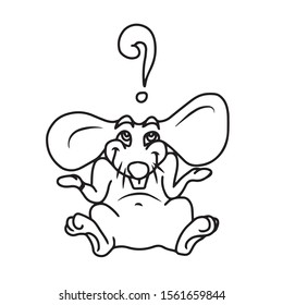 A cartoon-style rat with a question mark over his head.Symbol of the year.On hand-drawn, on a white isolated background.Design for greeting card,banner, coloring.